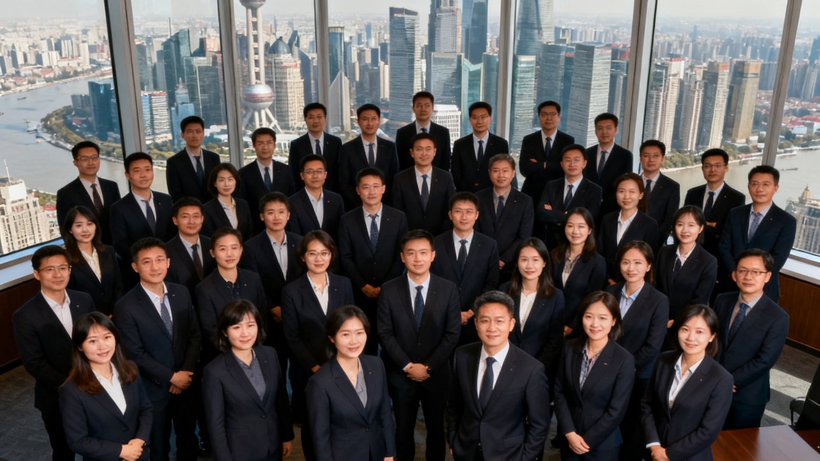 tyc贵宾会集团上海总部团队合影，约60名员工身着统一深色商务套装，在环球金融中心68层办公室内拍摄，背景是透过落地窗可见的陆家嘴城市天际线，画面传递出专业自信的团队气质