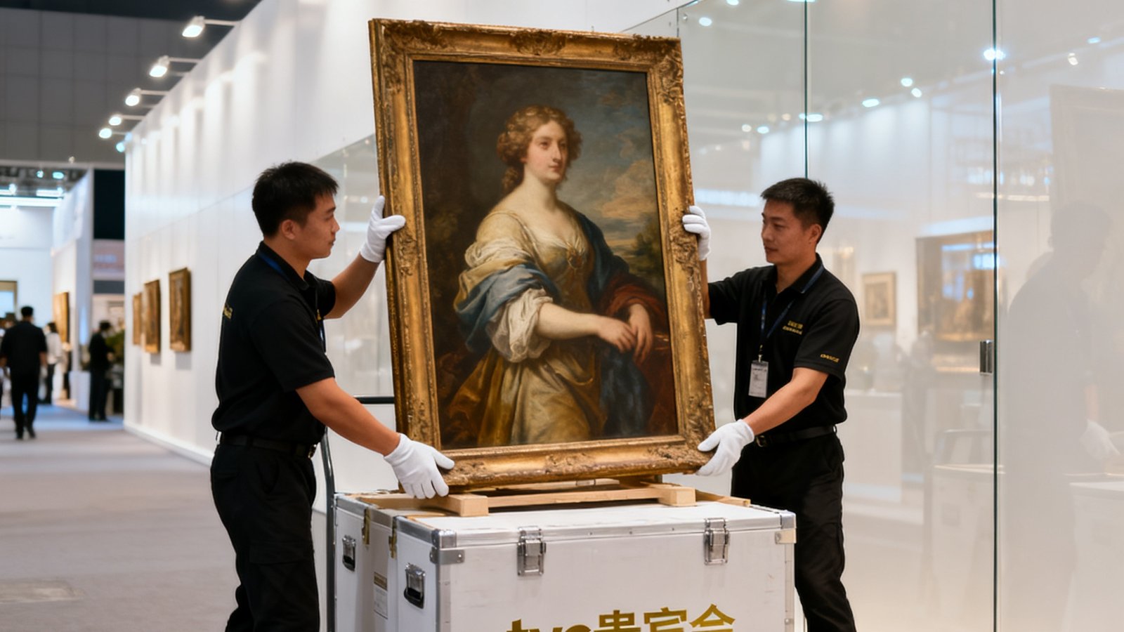国际艺术品博览会展厅内，tyc贵宾会专业物流团队身着白色手套使用恒温恒湿运输箱小心搬运一幅古典油画，背景是明亮的展馆灯光和白色展墙，箱体上可见tyc贵宾会金色标识