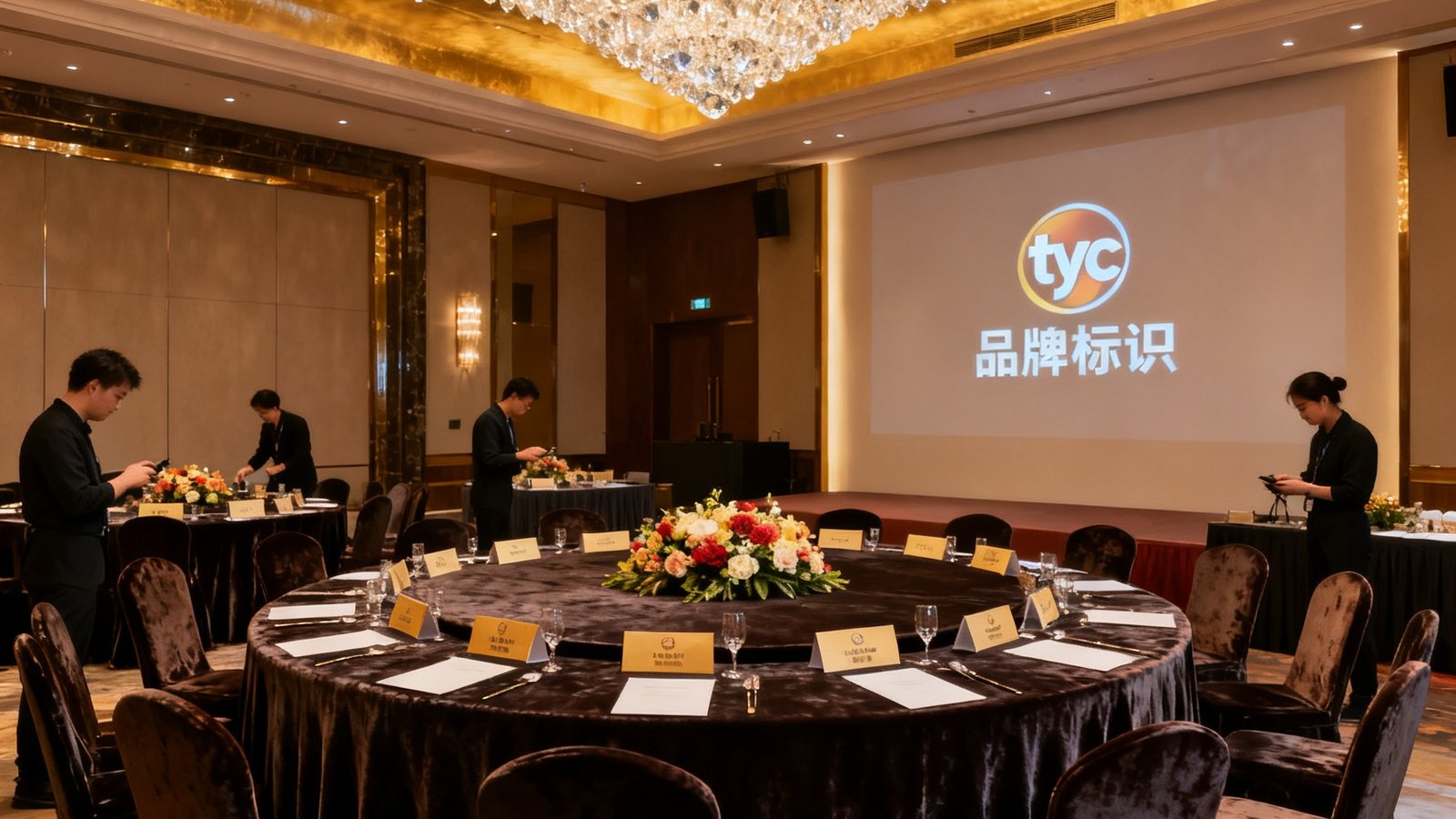 奢华论坛会场全景，水晶吊灯下圆形会议桌铺陈着深色丝绒桌布，每席配备定制名牌和鲜花装饰，墙面投影着品牌标识，tyc贵宾会团队正在做最后的细节调整