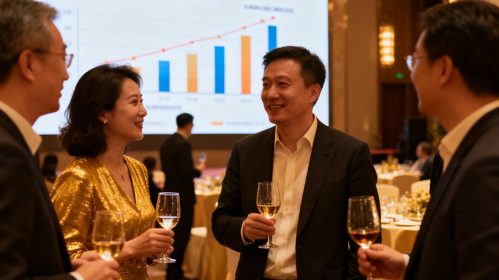 tyc贵宾会年度客户答谢晚宴现场，宴会厅内宾客举杯交流，背景大屏幕显示'客户续约率92%'的数据图表