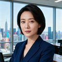 某跨国汽车集团亚太区行政总监陈女士的职业肖像，短发干练，身着深蓝色西装外套，背景为办公室落地窗