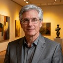某国际拍卖行亚洲区总裁Anderson先生的商务肖像，银灰色头发，佩戴金属框眼镜，身着灰色西装，背景为艺术品展厅