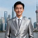 某全球咨询公司大中华区合伙人李先生的职业肖像，面带微笑，穿着浅灰色高定西装，背景为上海陆家嘴天际线